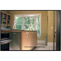 Hard white maple doors with 3/4 thick flat panels in frames. Stainless steel counters, ribbed glass doors, pantry pull out, low voltage halogen lighting