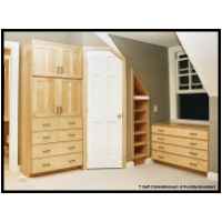 Contemporary maple built-ins including kitchenette, a/v cabinet, bookcases, and chest of drawers.