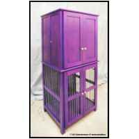 What may be the world's first and only purple maple doghouse / wardrobe / tv cabinet. Bottom section is a dog crate- 1/4 inch diameter aluminum rod bars, cast aluminum pulls, home-made vertical throw bolt latches on both doors. Top section was originally intended to hold blankets, sweaters, or other textiles but I think it was adapted for a tv. Bedroom furniture- finish inspired by samples generated from CC's vanity.