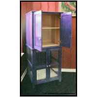What may be the world's first and only purple maple doghouse / wardrobe / tv cabinet. Bottom section is a dog crate- 1/4 inch diameter aluminum rod bars, cast aluminum pulls, home-made vertical throw bolt latches on both doors. Top section was originally intended to hold blankets, sweaters, or other textiles but I think it was adapted for a tv. Bedroom furniture- finish inspired by samples generated from CC's vanity.